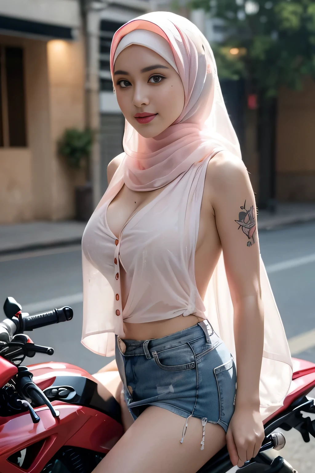 muslim, RAW, Best quality, high resolution, masterpiece: 1.3), (wear: white pink hijab: 1.3), hijabi, Masterpiece, (Huge breasts), (gigantic breasts), (massive breasts), (large full breasts, see-through Loose oversized T-shirt with visible breasts (deep cleavage)), beutiful face, detail face, big gorgeous eyes, smile, (girl in sexy suit), (wear: batik(sexy see-through button-shirt, backless, sideless),(cutout, cropped, undreboobs), (naked), (sleeveless), wearing a sexy (deep cleavage): 1.3), (wear: denim skirt(mini-skirt)) (breasts-tattoos), (background: bali street): 1.3), Excellent lighting, Bright colors, Clean lines, tattoo, (irezumi Tattoo), (tattoos), TATTOO, (riding a motorbike), (on a motorbike), (looking from the front)