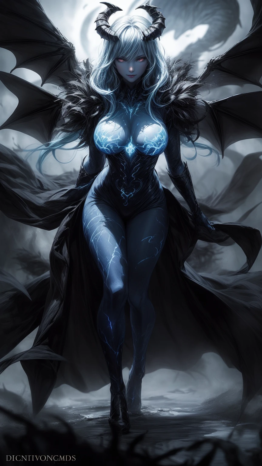 Storyboard, masterpiece, highest quality, dragonlady queen, perfect demoness, long legs, hourglass fugure, bright blue glowing eyes, detailed eyes (1.4), scars on face, villainous expression, blue flaming skin body with bioluminescent glowing pattern, ready for battle, blurred stormy background, dark atmosphere, lighting in background,full body,
