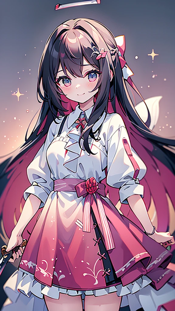 smile、((Put your hands forward))、Adult women、(((masterpiece、Highest quality、high resolution)))、long hair、Pink inner color、Cheerful pose、piece、blush、(((Holding a sword)))