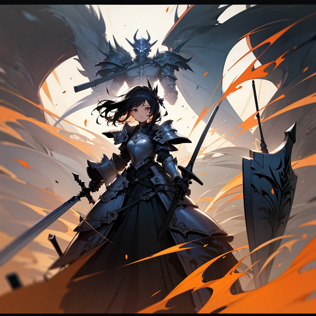 high resolution、Warrior Girl。armor、sword、Equipped with a shield。Fantasy、beautiful。Protected by the Dark Grim Reaper。Overall black image