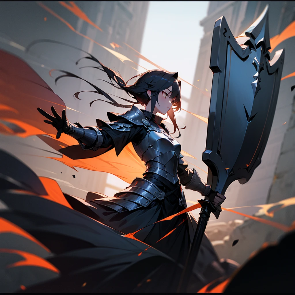 high resolution、Warrior Girl。armor、sword、Equipped with a shield。Fantasy、beautiful。Protected by the Dark Grim Reaper。Overall black image