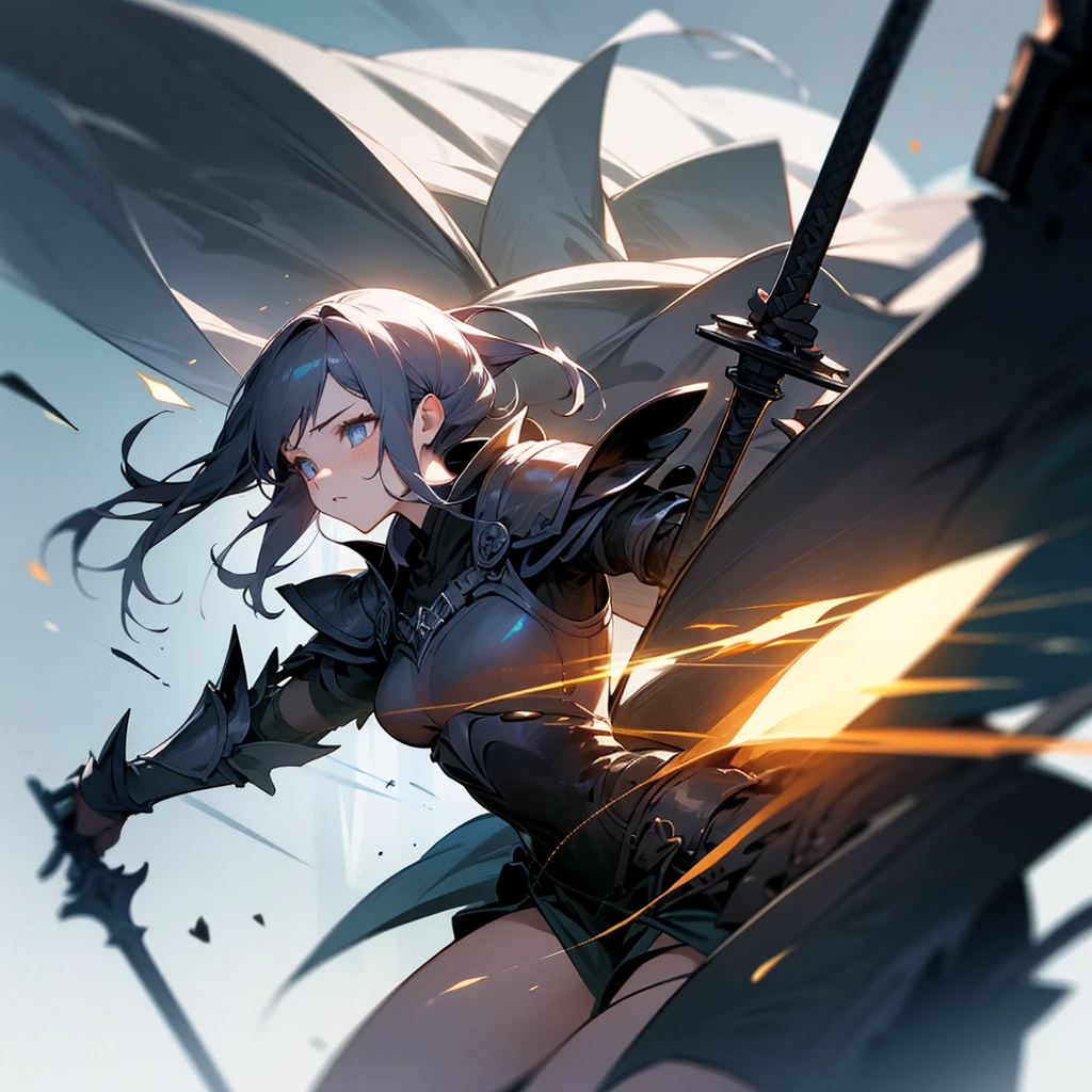 high resolution、Warrior Girl。armor、sword、Equipped with a shield。Fantasy、beautiful。Protected by the Dark Grim Reaper。Overall black image