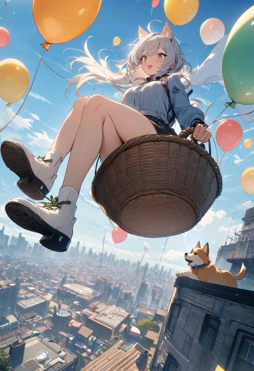 (masterpiece, Highest quality), (dog), dogがballoonに乗っている, Floating, balloon, The expanse of the sky、The cityscape below, Riding in a basket、Ears flapping in the wind, Small pilot's hat、goggles, balloonの影、Soft Light