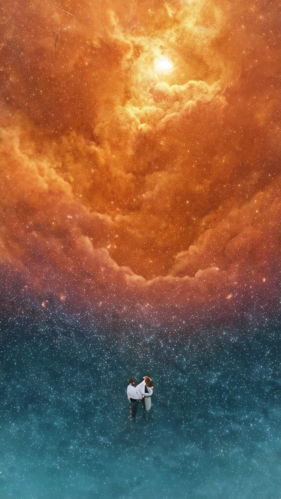 An angelic being without human affection, Creator of the Universe, myth, The background of the image is, Heavenly Mountain Scenario, Orange Clouds. The image style should be cartoon-like, With powerful and impressive strokes, 登場人物にはmythや天使の要素が加わっている