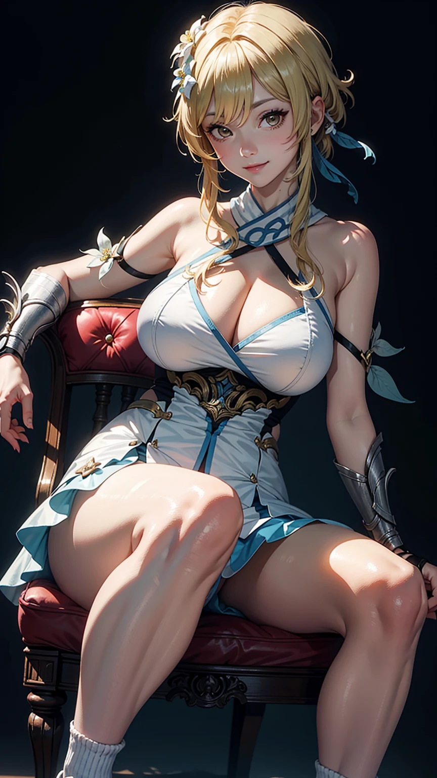 Masterpiece, high quality, detail face, luminedef, smile, (sitting), chair, ???????????, simple background, dynamic poses