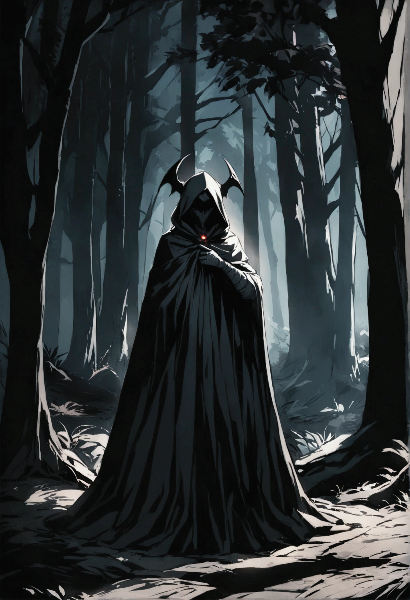 a demon wrapped in a black cloak of darkness in the middle of the forest