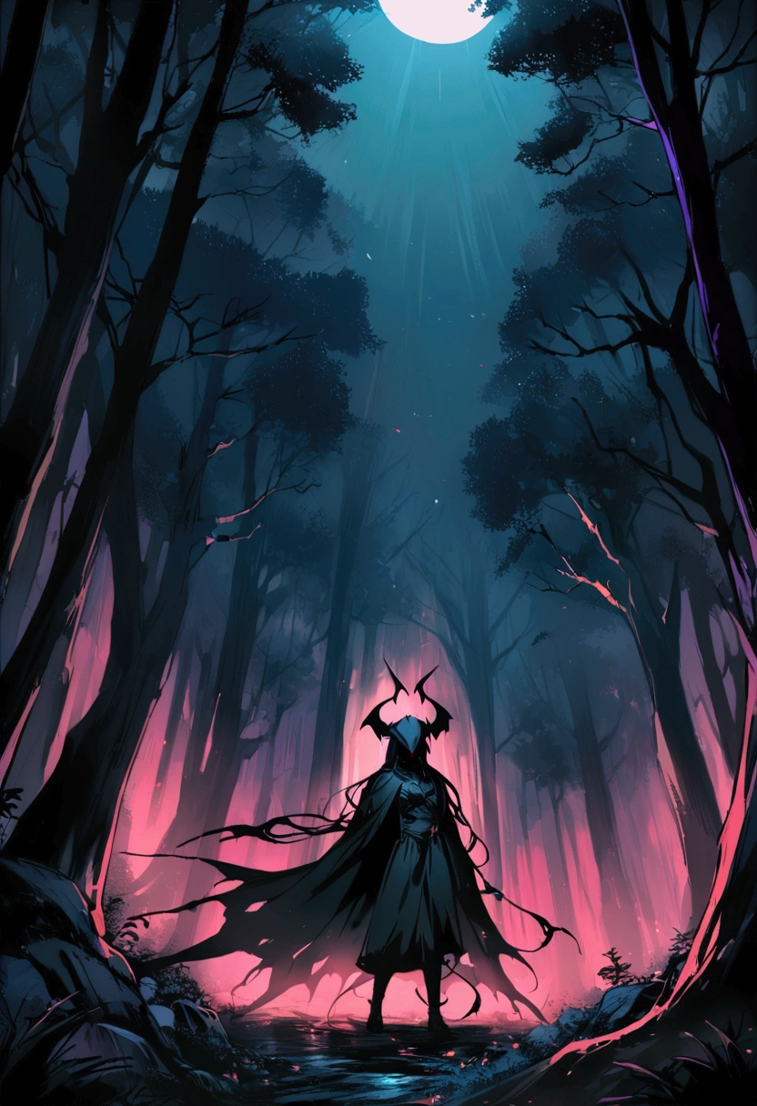 a demon wrapped in a black cloak of darkness in the middle of the forest