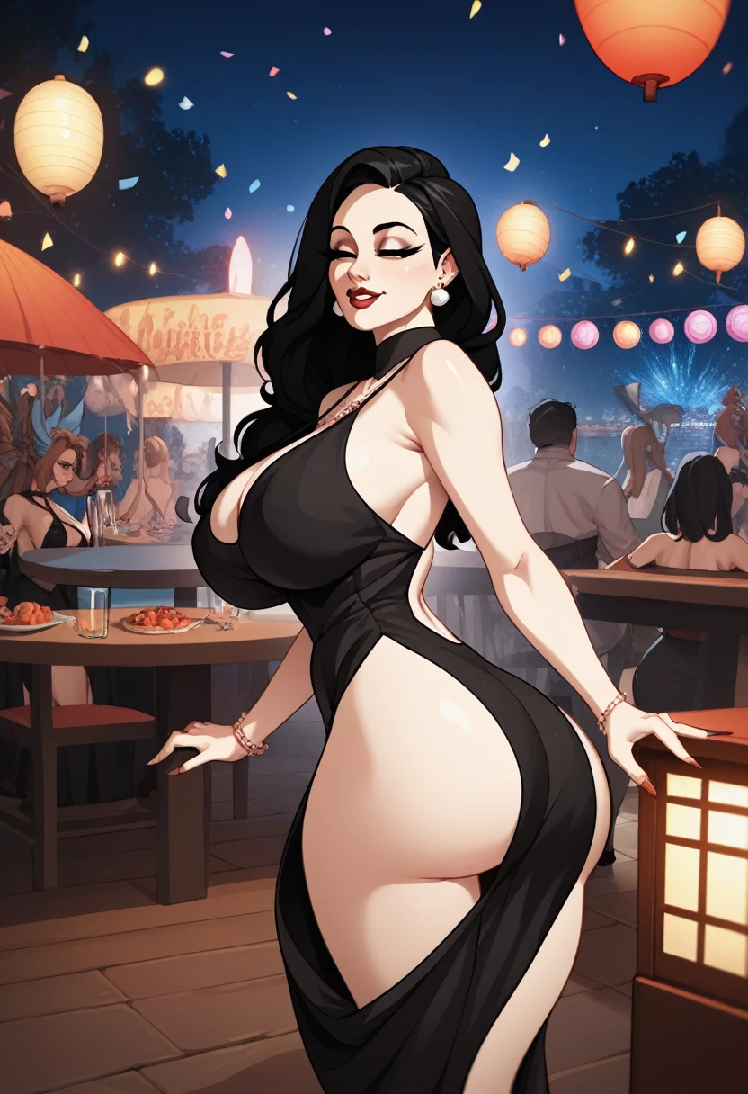 score_9, score_8_up, score_7_up, score_6_up, score_5_up, score_4_up, (source_anime), 1girl, (( white woman, long black hair, big breasts, mature woman, big ass, Long black dress)), Distant vision, Low Illumination, Party, in public, party lights, horny, discreet, night, darkness