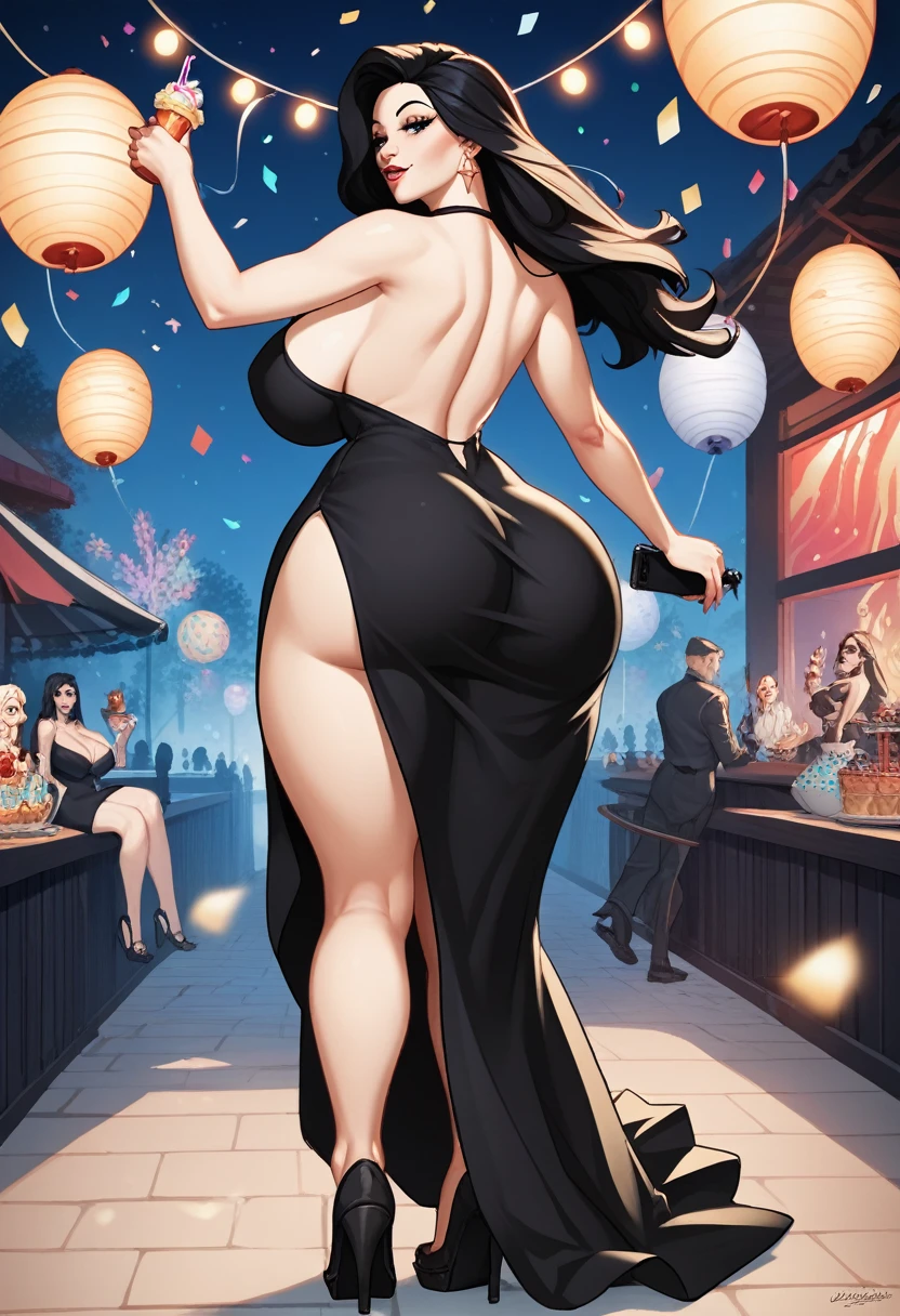score_9, score_8_up, score_7_up, score_6_up, score_5_up, score_4_up, (source_anime), 1girl, (( white woman, long black hair, big breasts, mature woman, big ass, Long black dress)), Distant vision, Low Illumination, Party, in public, party lights, horny, discreet, night, darkness