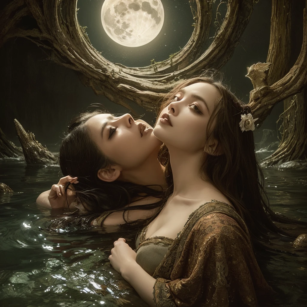 James Gurney, Surrealist art , dream-like, mysterious, Provocative, symbolic, Complex, detailed,, (Gothic but very beautiful:1.4), (masterpiece, Highest quality:1.4) , Nicola Samori Style, The moon kissed the mermaid , Water bubbles
