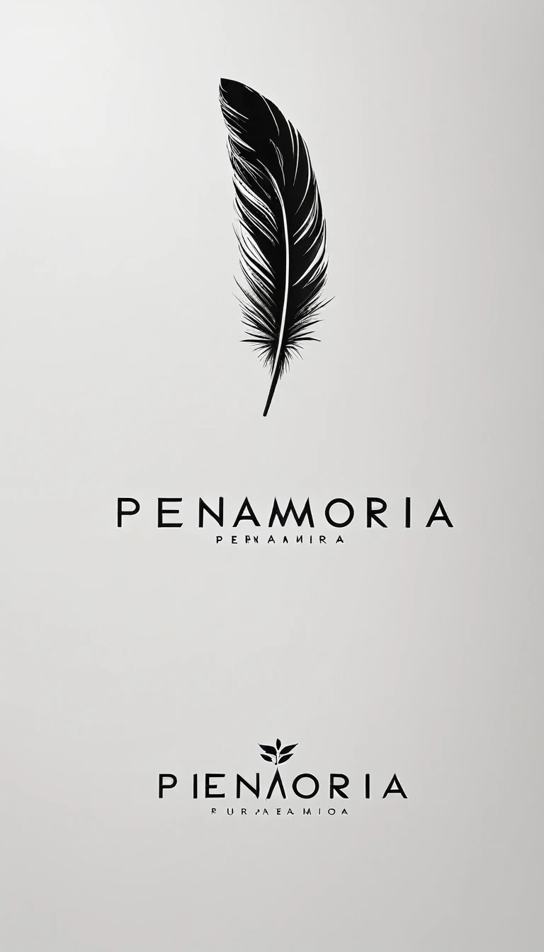 A minimal, modern, simple, cinematic logo design for the brand “Penamemoria". Create a modern, minimalistic, high-quality, logo of a feather that convey a sense of memories and dreams.