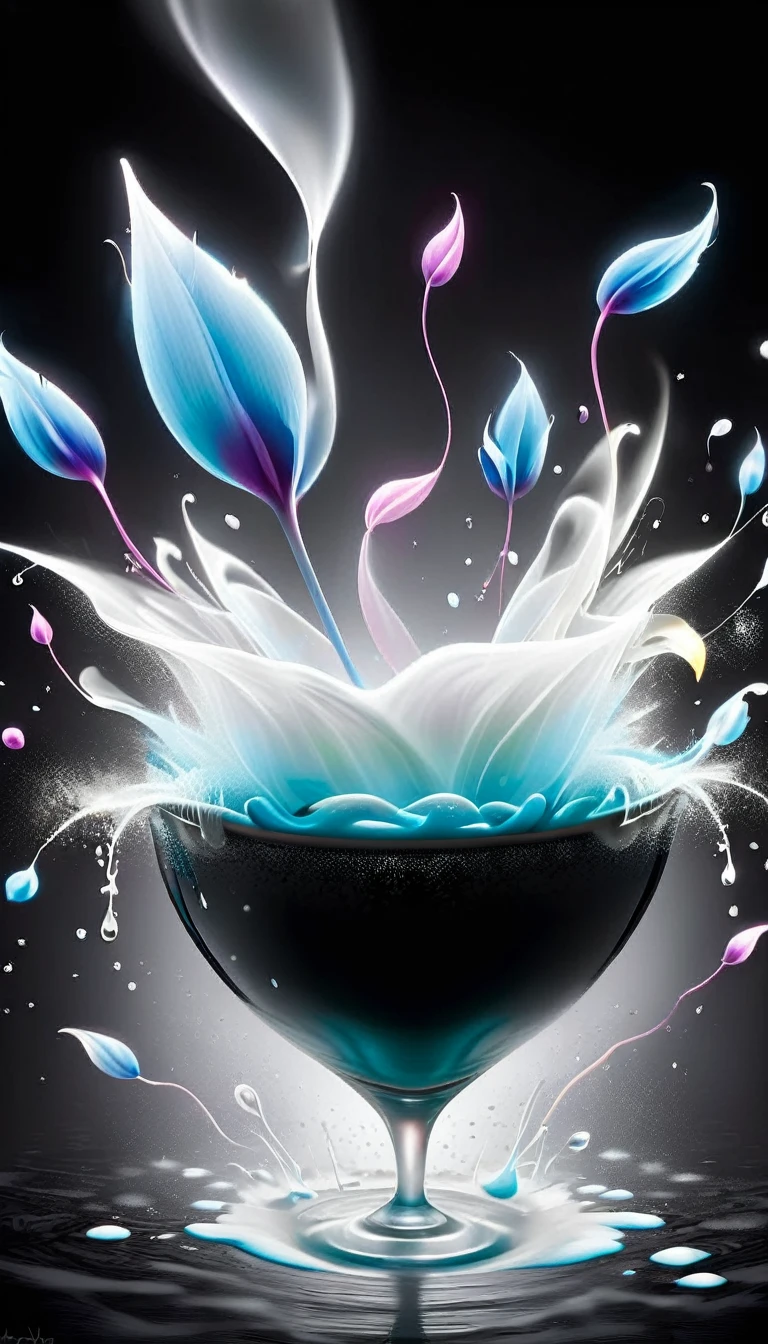 créer le plus époustouflant (Chef-d’œuvre 32k, Meilleure qualité:1.2) image photoréaliste, deux tulipes (au longues tiges enlacées) en verre creux versé avec de l’or liquide à partir de la tige, petals fractales qui se dissolvent dans l'air, détails fractales, fond noir dégradé, diffusion de la lumière réfléchie, organique,bioluminescent, énergie, vivant, Spectaculaire, éthéré, lumière volumétrique, diffusion souterraine, jeu de transparence