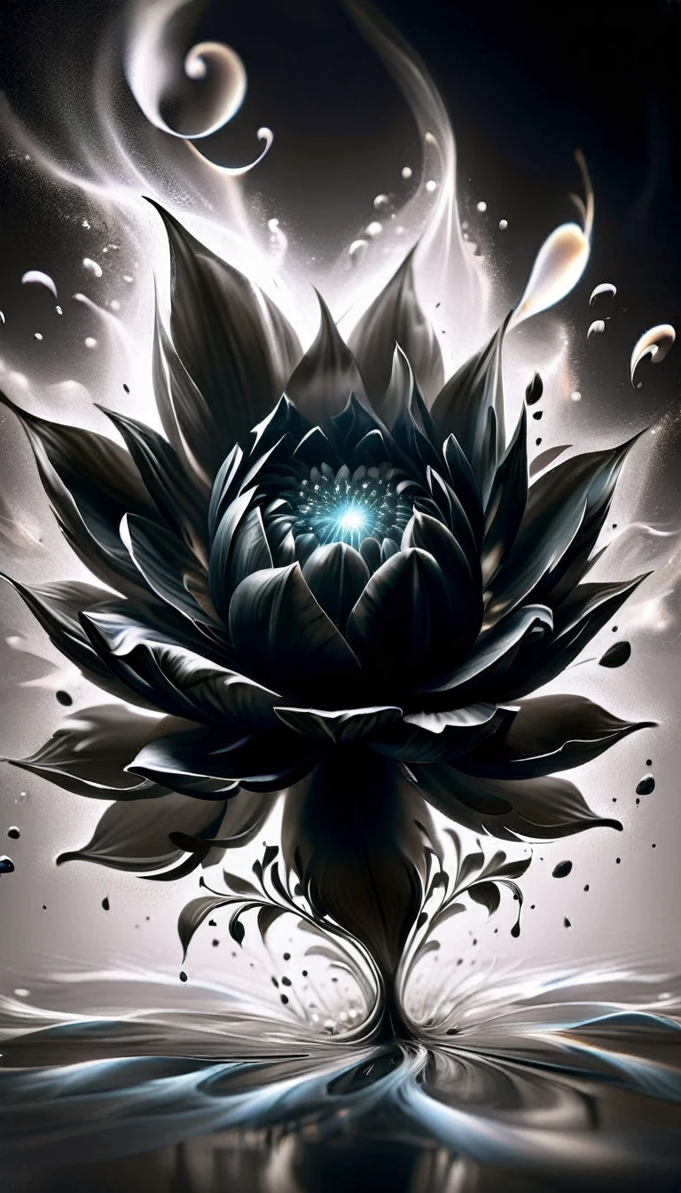 créer le plus époustouflant (Chef-d’œuvre 32k, Meilleure qualité:1.2) image photoréaliste, deux fleurs d'orchidée (au longues tiges enlacées) en verre creux versé avec de l’or liquide à partir de la tige, petals fractales qui se dissolvent dans l'air,  détails fractales, fond noir dégradé, diffusion de la lumière réfléchie, organique,bioluminescent, énergie, vivant, Spectaculaire, éthéré, lumière volumétrique, diffusion souterraine, jeu de transparence 