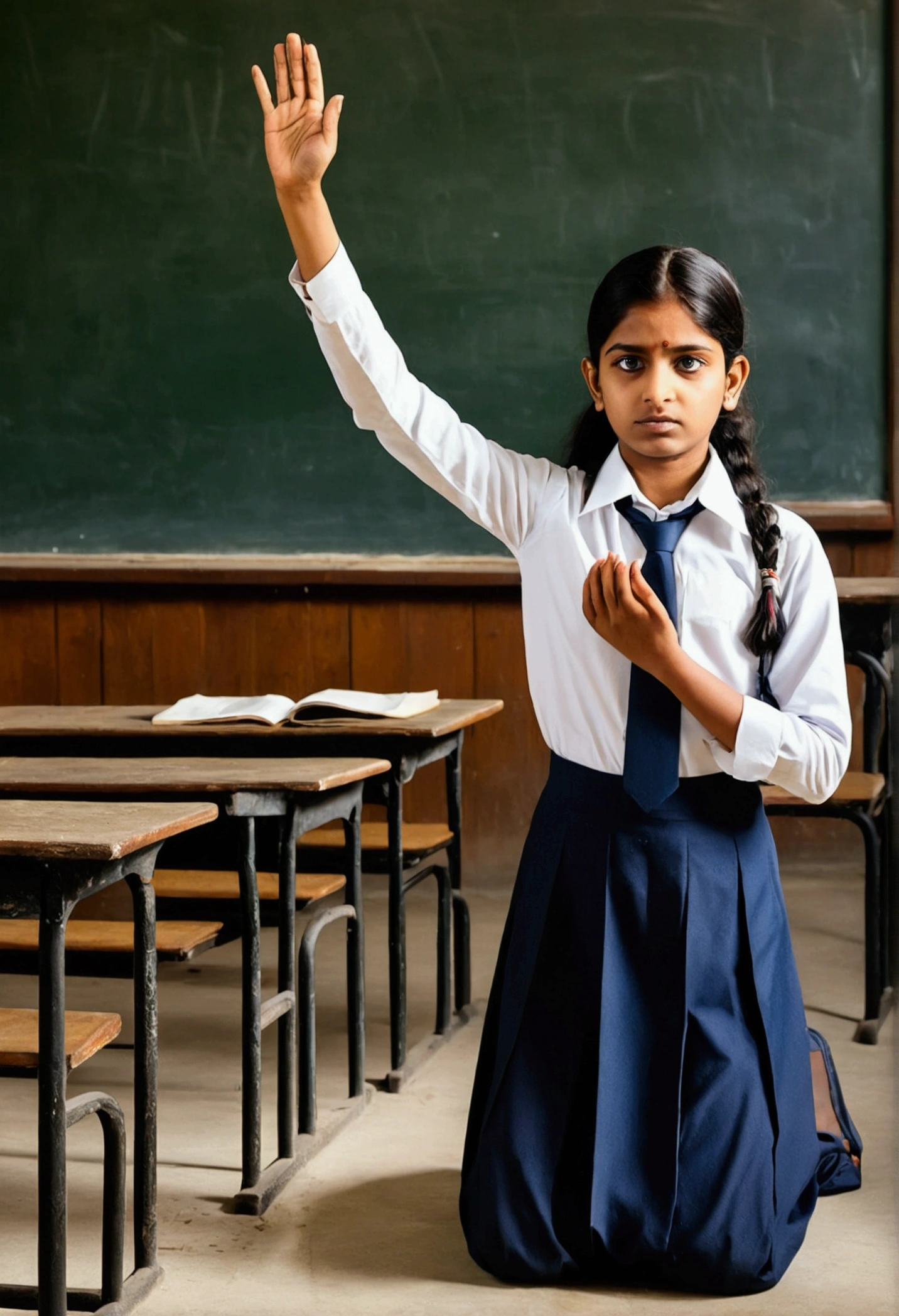 Indian 20 year old school girl was punished to kneel down and hands up by teacher