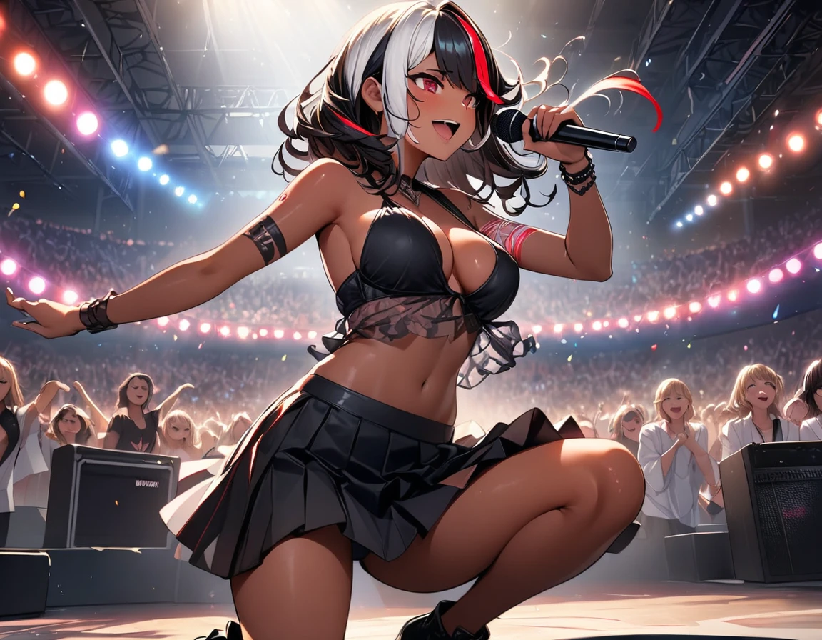(highest quality:1.2, Very detailed, up to date, Vibrant, Ultra-high resolution, High Contrast, masterpiece:1.2, highest quality, Best aesthetics), Portraiture, girl, 独奏, singer、stage、performance、Rock Music、Bright colors、Beautiful fine details、Beautiful lip detail、midium wave hair、red and white ((streaked hair:1.6)), highlights hair: 1.5, red eyes, slim body, middium breast, (tan skin:1.1), Music band、Cheerful pose、Concert Light、Edgy Style、Skirt-style-bikini、loose fit, Dynamic Movement、hypnotic sounds、Stadium、amplifier、Loud music、holding microphone and shouting, vocal, (Floral Fineline tattoo design on left arm:1), ((mike stand)), Powerful vocals、Passionate performance、Sparkling stage、Concert atmosphere、Music Festival、Full of emotion、Rock star attitude、Resolute expression、Avid Fan、The presence of an attractive stage、 (get down on one knee), Expressive gestures、Rock star aura、An exciting atmosphere、Sing with all your heart、An unforgettable show, side view