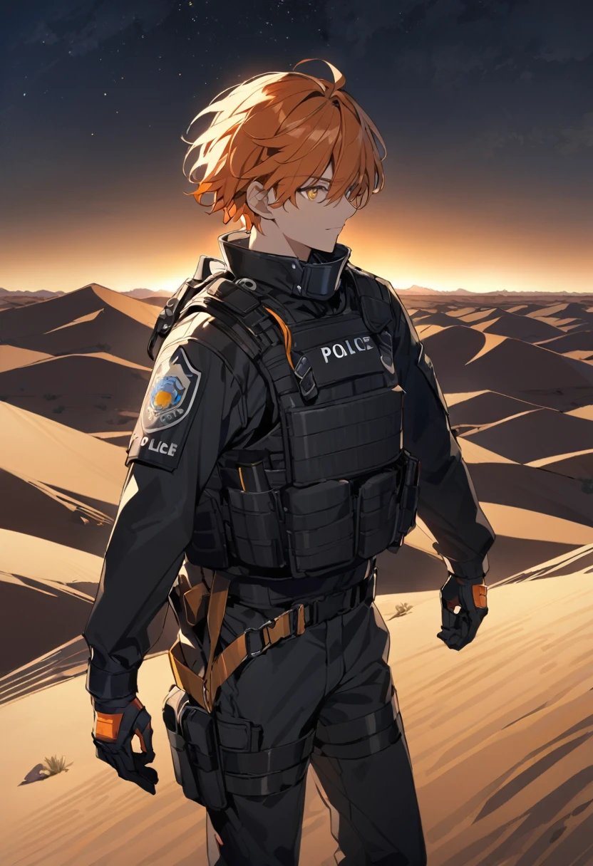 Male black police suit, solo, orange hair, yellow eyes, short hair, desert, night