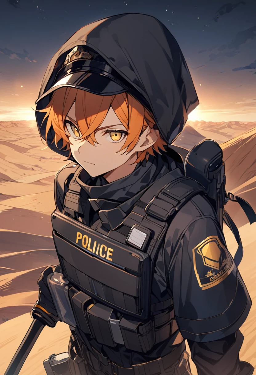 Male black police suit, solo, orange hair, yellow eyes, short hair, desert, night