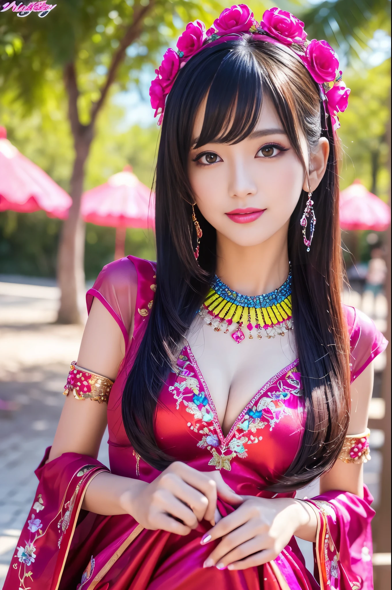 (masterpiece:1.4), (best quality:1.4), ultra high res, ultra high resolution, ((ultra detailed facial features)), HDR, (realistic, photorealistic, photo-realistic:1.37), full body Esbian, sexy Thai model, (-anime), only 1 model, vivid colors, ((vivid colors multicolor (pink, fuchsia, pink, red, purple) very short hair)), (happy smile), ultra detailed metallic makeup, lip-gloss, long lashes, defined eyebrows, wearing large sparkling colorful jewelery, wearing a red silk Paradise Kiss cosplay dress with black floral embroidery, ((vivid colors outfit)), vivid colors, look at the camera, cinematic light, large park background with trees, sweet and sexy pose