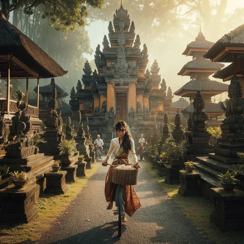 8k Uhd, Dslr, Grain Film, Fujifilm morning breeze, there is a dashing local Javanese young man ((exotic dashing Javanese face detail)) wearing local traditional cloth practicing silat with a sword