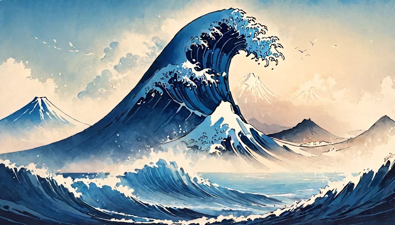 Katsushika Hokusai、vague、Mont、mount.Fuji and the Sea、Rough seas々beautiful、Ink and watercolor Light tones Characters written with a brush
