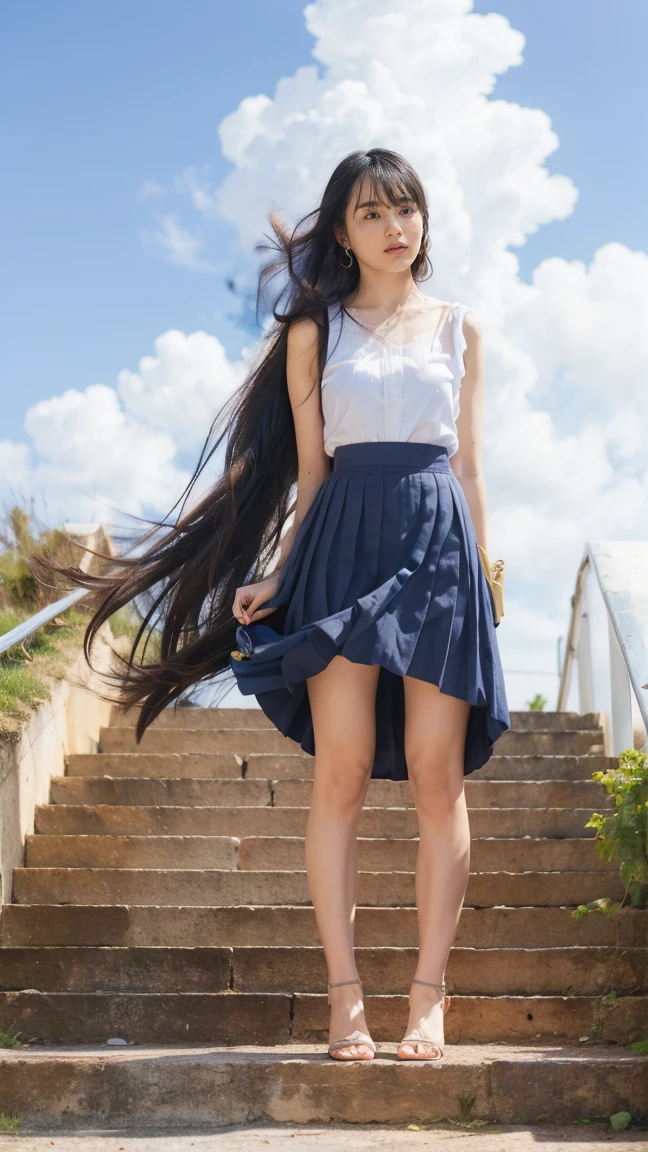 ((Viewing angle from below、Highest quality、masterpiece、32K、Every detail))、Descend the outdoor stairs、commute、Systemic symptoms、Traditional navy blue sailor uniform、White blouse、Pleated skirt、(((A strong wind blows my hair and skirt away:1.62)))、((I always wear the shoulder strap of my bag across my body...:1.22))、One Girl, alone、(((mini skirt, No underwear:1.22)))、Big Breasts、barefoot, High heels