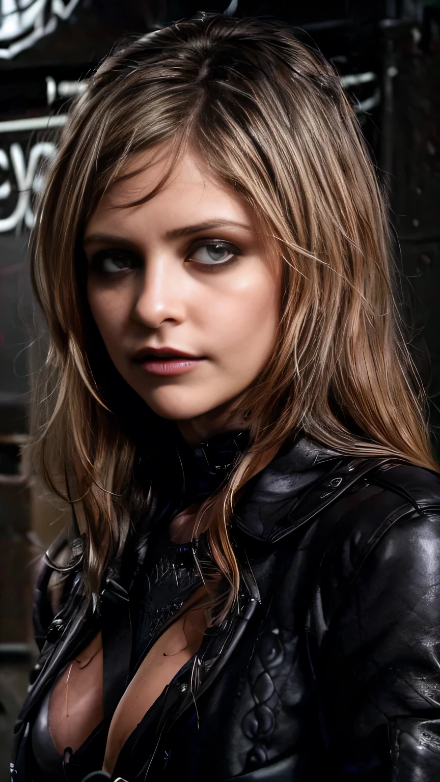 Long curly dark blonde hair, Gorgeous eyes, Detailed body、Detailed face、Detailed eyes、Detailed eyebrows、Captivating look, The line of sight is this、Big Tits, Exposed cleavage, (Black leather jacket, Black silk shirt and black leather pants:1.5), Black vinyl pants, Stiletto heels, Modern metropolis Paris France neon signs background at midnight, Spot lighting, Hair backlight, Shallow depth of field, Bokeh, ((Pause_random))、masterpiece, 最high quality, high quality, High resolution, Face close-up、(((Face close-up)))