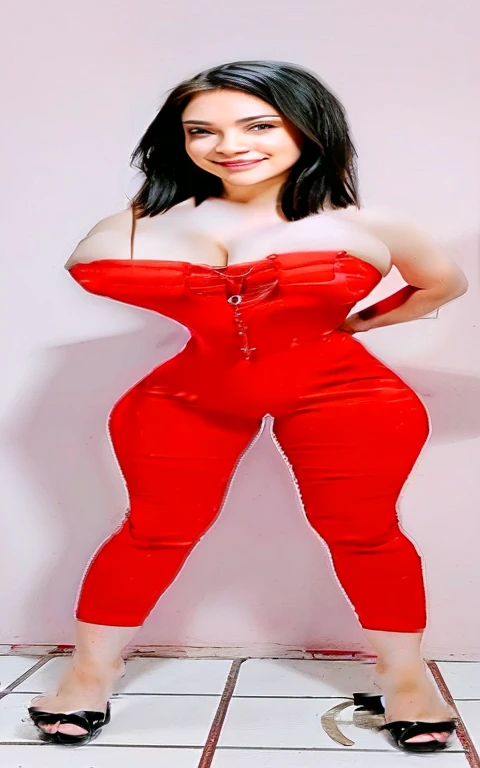 there is a  girl in a red dress posing for a picture, red body suit, red jumpsuit, tight outfit, red hot, all red, red, catsuit, red suit, tight attire, tight full body suit, high level body suit, full body picture, jumpsuit, bright red, bodysuit, wearing tight suit, amouranth, full body;