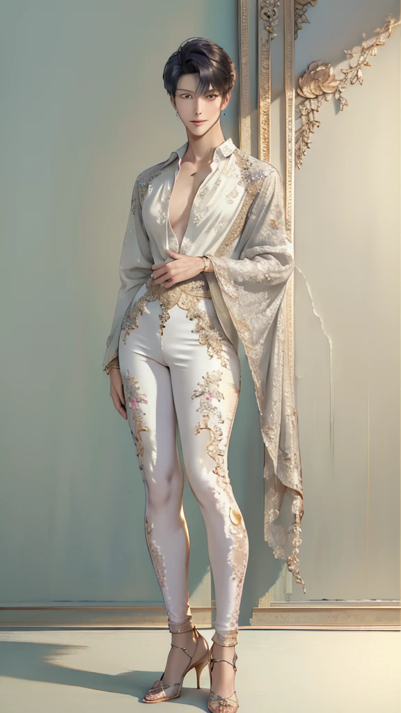 ((best quality,4k,highres,masterpiece:1.2)),((character concept art)), 1 man, 5, Chinese Hong Kong, Hong Kong Elite, eldest sister, triad male leader, Known for her impeccable fashion sense and elegant demeanor, she is a true embodiment of the Versace brand. His body language is as captivating as his style, always exuding confidence and high fashion. (((he's wearing an exquisite Versace Barocco-print Shirt in Silk and Barocco-print leggings gold-tone/white/black, a true testament to the brand's luxurious aesthetic.))) Paired with Versace Tribute Sandals, she carries her ensemble with an air of effortless sophistication. Her accessories include a pair of Versace Tribute Sunglasses, enhancing her overall look. ((intricate detail)), super finely detailed hands, ultra finely detailed fingers(((ten fingers))), (standing still with confidently), (full body showcase), (show full body), (no logos on background), (no logo), ((plain background)), ((plain background)), (((empty background))).hot man, hot male , hot man , very small spikey boyish haircut, hot man