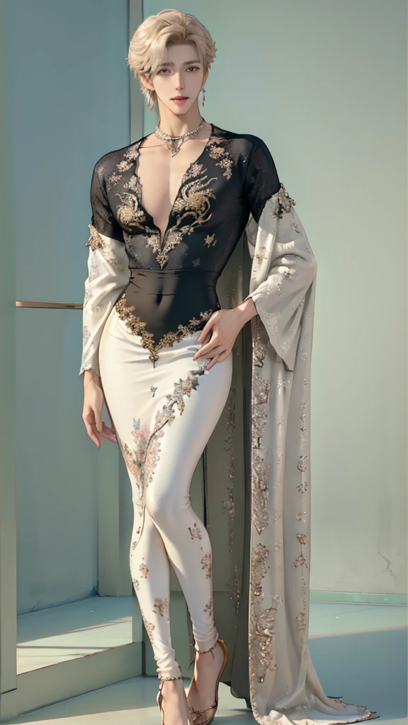 ((best quality,4k,highres,masterpiece:1.2)),((character concept art)), 1 man, age 25, Chinese Hong Kong, Hong Kong Elite, eldest sister, triad male leader, Known for her impeccable fashion sense and elegant demeanor, she is a true embodiment of the Versace brand. His body language is as captivating as his style, always exuding confidence and high fashion. (((he's wearing an exquisite Versace Barocco-print Shirt in Silk and Barocco-print leggings gold-tone/white/black, a true testament to the brand's luxurious aesthetic.))) Paired with Versace Tribute Sandals, she carries her ensemble with an air of effortless sophistication. Her accessories include a pair of Versace Tribute Sunglasses, enhancing her overall look. ((intricate detail)), super finely detailed hands, ultra finely detailed fingers(((ten fingers))), (standing still with confidently), (full body showcase), (show full body), (no logos on background), (no logo), ((plain background)), ((plain background)), (((empty background))).hot man, hot male , hot man , very small spikey boyish haircut, hot man