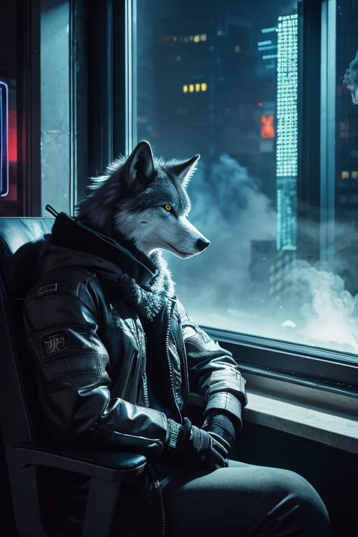 Anthropomorphic male grey wolf, sitting in the window, Cyberpunk Background,Smoke a cigarette