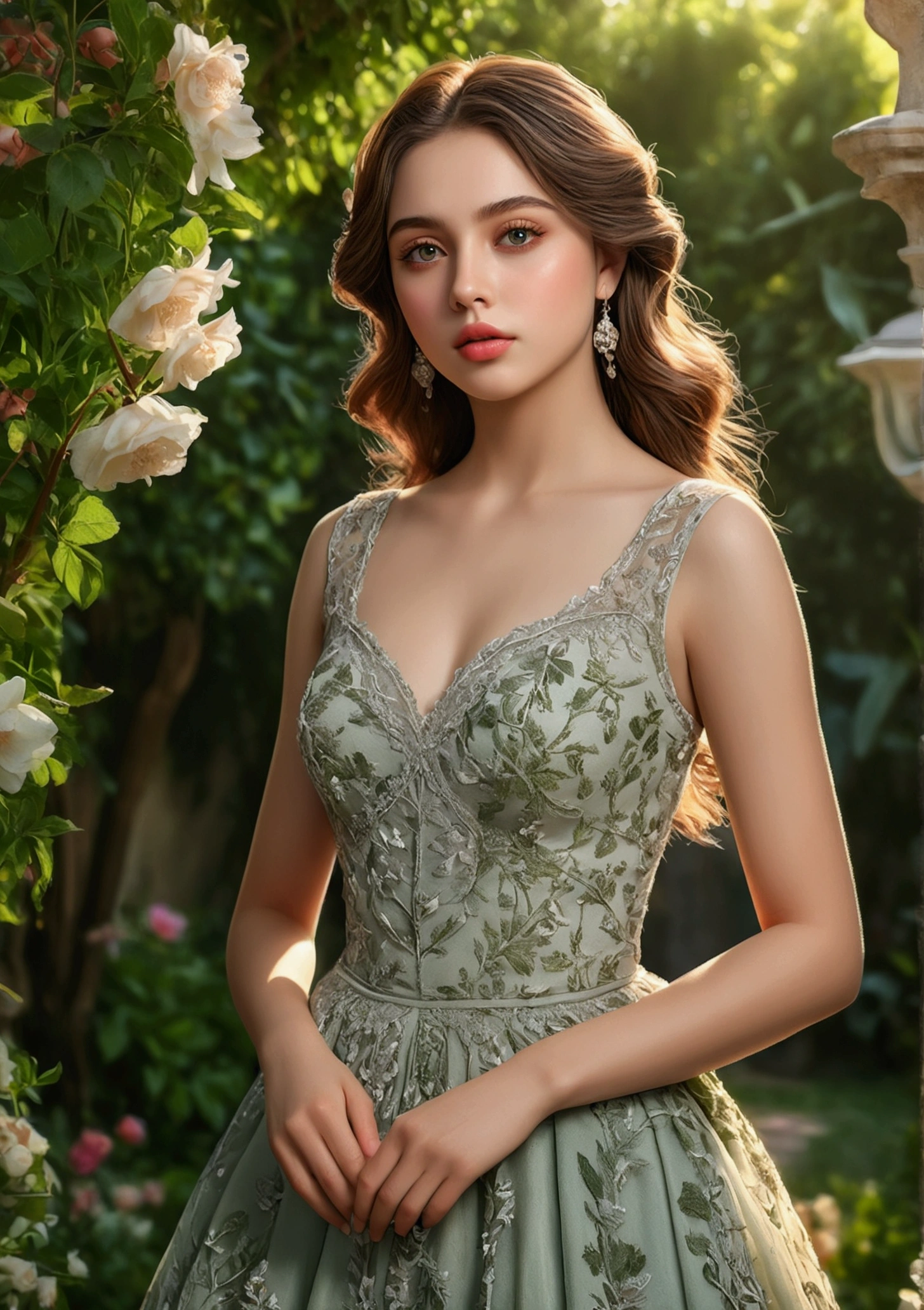 a girl in a garden, beautiful detailed eyes, beautiful detailed lips, extremely detailed eyes and face, long eyelashes, elegant long dress, cinched waist, flowing skirt, soft fabric, intricate floral patterns, garden backdrop, lush greenery, sunlight streaming through trees, warm color palette, highly detailed, masterpiece, (best quality,4k,8k,highres,masterpiece:1.2),ultra-detailed,(realistic,photorealistic,photo-realistic:1.37)