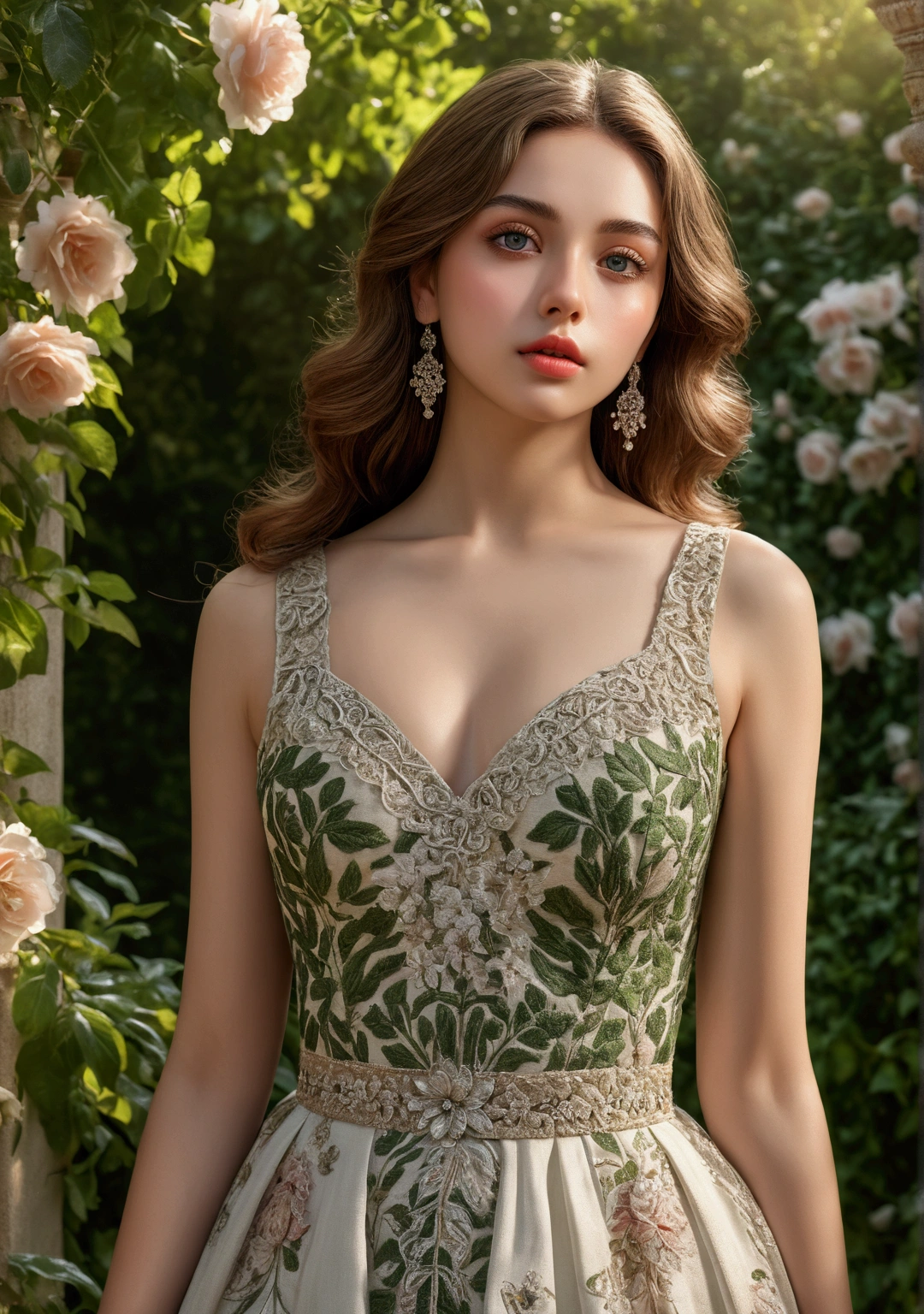 a girl in a garden, beautiful detailed eyes, beautiful detailed lips, extremely detailed eyes and face, long eyelashes, elegant long dress, cinched waist, flowing skirt, soft fabric, intricate floral patterns, garden backdrop, lush greenery, sunlight streaming through trees, warm color palette, highly detailed, masterpiece, (best quality,4k,8k,highres,masterpiece:1.2),ultra-detailed,(realistic,photorealistic,photo-realistic:1.37)