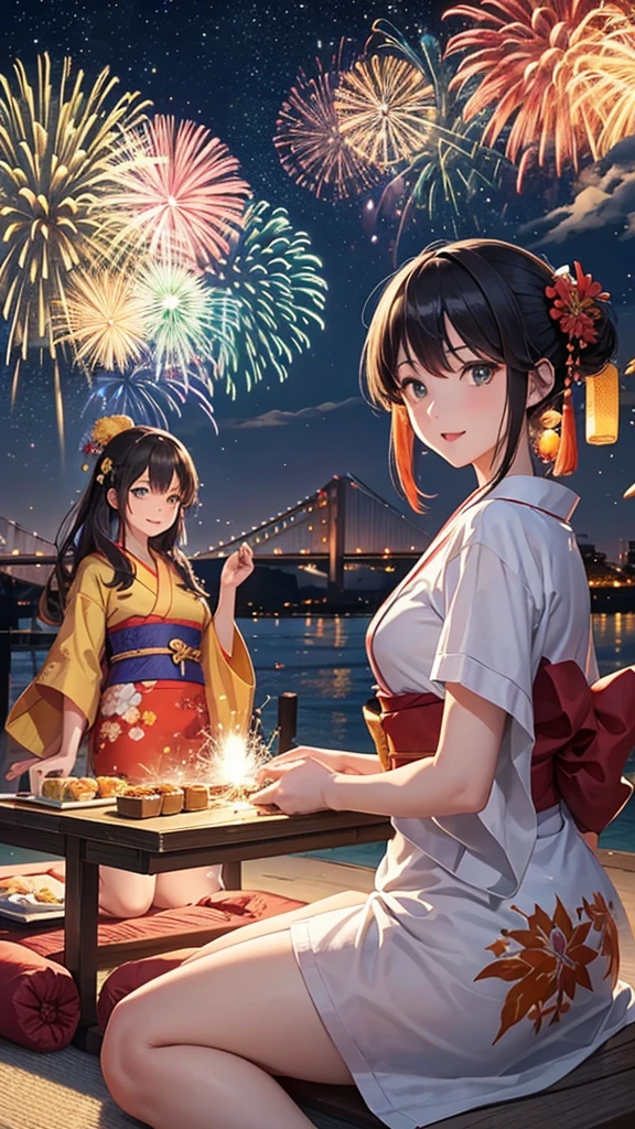 Japanese summer fireworks festival, spectacular night sky filled with vibrant exploding fireworks, colorful bursts of red, gold, green, and blue, shimmering reflections on river surface, crowded riverbank with spectators in yukata and jinbei, families on picnic blankets, food stalls with lanterns, yakisoba and takoyaki vendors, children with sparklers, couples sharing cotton candy, bridge in background, distant city skyline, clear starry sky between fireworks, animated excited expressions on people's faces, detailed anime style illustration, dynamic composition capturing both fireworks and crowd, warm summer evening atmosphere