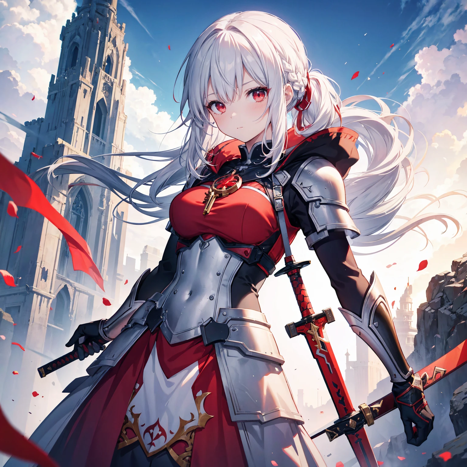 Wearing a red and white dress、anime girl holding sword, Highly detailed official artwork, Epic Light Novel Cover Art, epic Light novel cover art, Silver and red armor, guweiz on pixiv artstation, Anime style 4k, Detailed key animation art, Light novel cover art, Anime Fantasy Artwork，White hair and red eyes，Side Ponytail，Waist-length hair，1 Girl，Portraiture