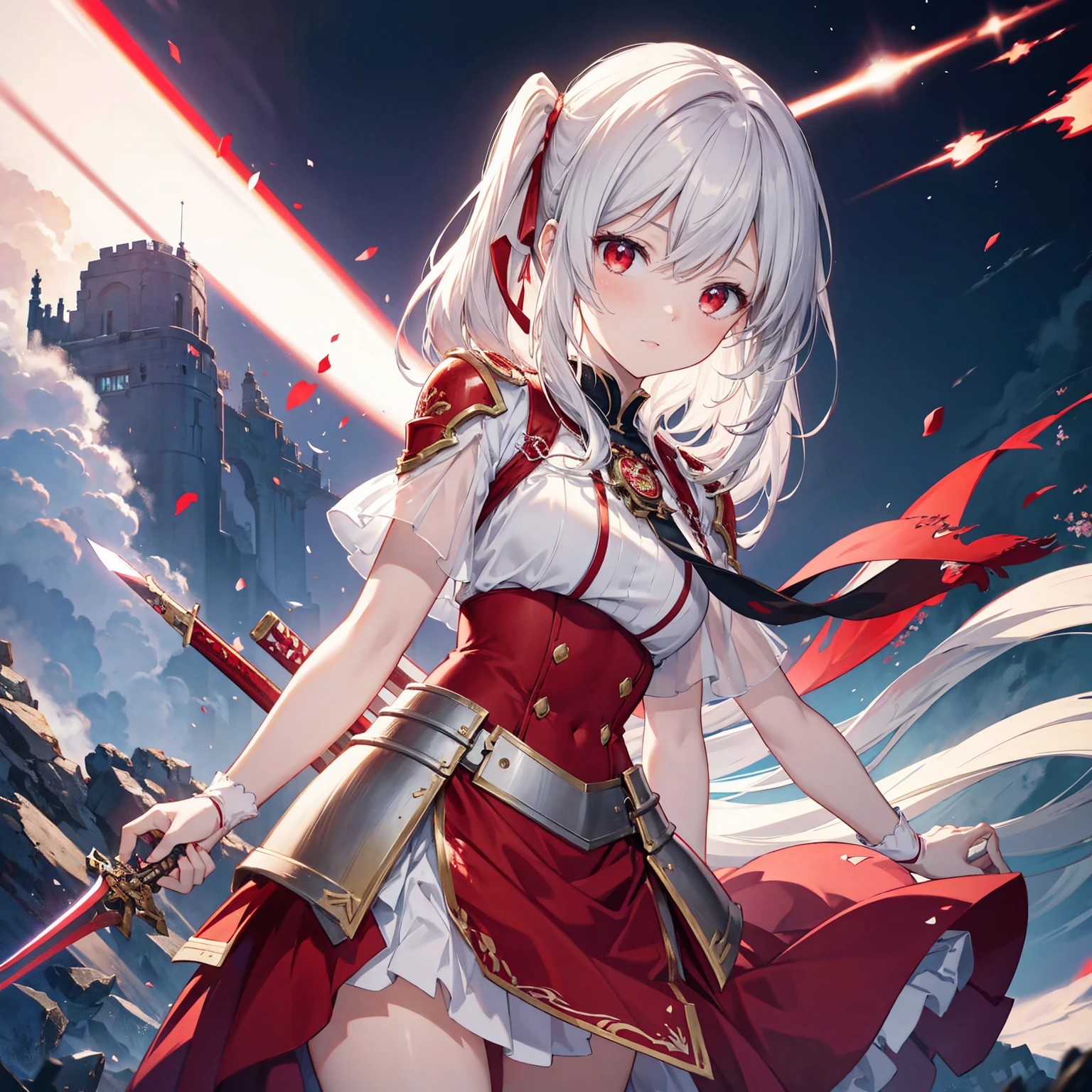 Wearing a red and white dress、anime girl holding sword, Highly detailed official artwork, Epic Light Novel Cover Art, epic Light novel cover art, Silver and red armor, guweiz on pixiv artstation, Anime style 4k, Detailed key animation art, Light novel cover art, Anime Fantasy Artwork，White hair and red eyes，Side Ponytail，Waist-length hair，1 Girl，Portraiture