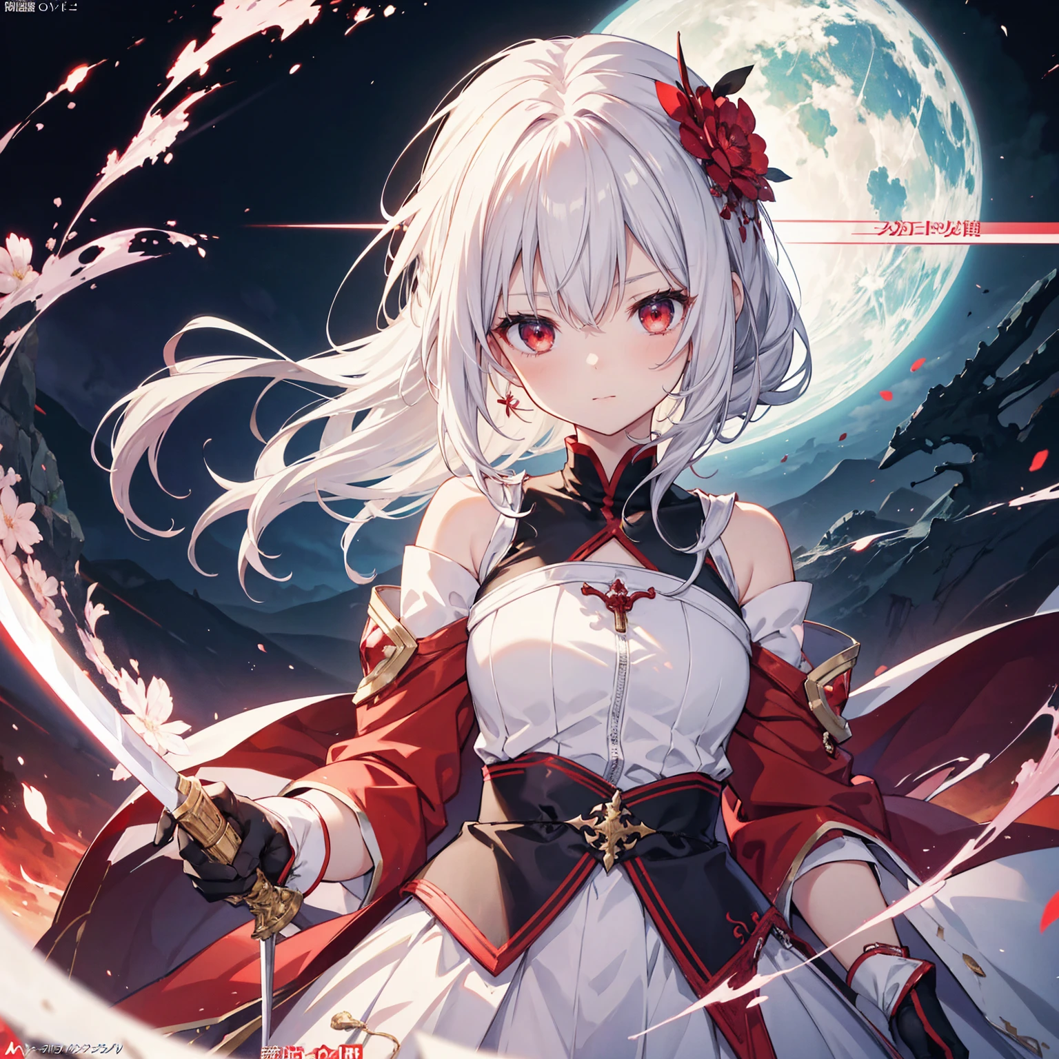 Wearing a red and white dress、anime girl holding sword, Highly detailed official artwork, Epic Light Novel Cover Art, epic Light novel cover art, Silver and red armor, guweiz on pixiv artstation, Anime style 4k, Detailed key animation art, Light novel cover art, Anime Fantasy Artwork,White hair and red eyes,Side Ponytail,Waist-length hair,1 Girl,Portraiture