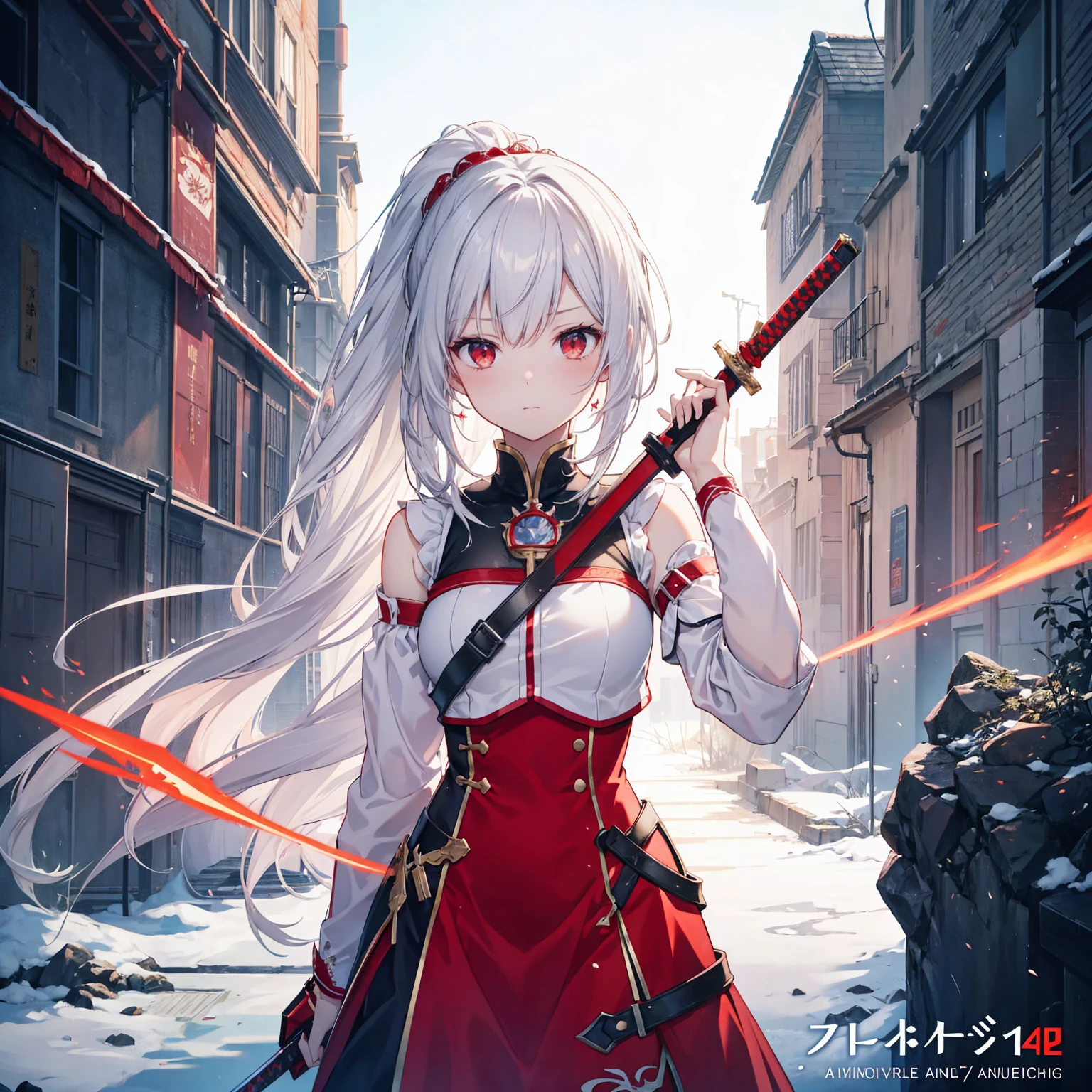 Wearing a red and white dress、anime girl holding sword, Highly detailed official artwork, Epic Light Novel Cover Art, epic Light novel cover art, Silver and red armor, guweiz on pixiv artstation, Anime style 4k, Detailed key animation art, Light novel cover art, Anime Fantasy Artwork，White hair and red eyes，Side Ponytail，Waist-length hair，1 Girl，Portraiture