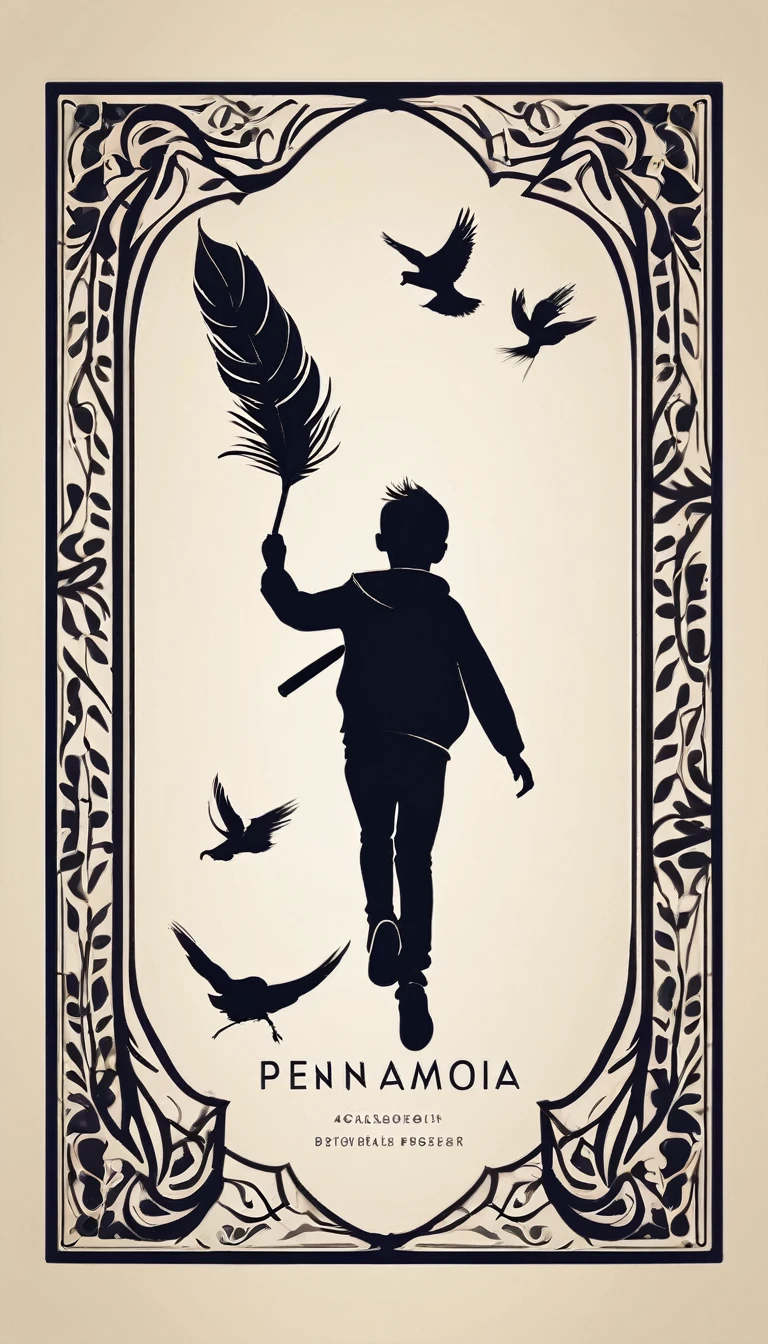 Create a modern, minimalistic, poetic logo design for a brand about stories, dreams and memories called " Penamemoria". The logo of a boy running with open arms, holding an acoustic guitar in the right hand and a bird feather in the left hand. Make the logo simple, high quality, high definition, Minimalistic logo design impressed on a book cover.