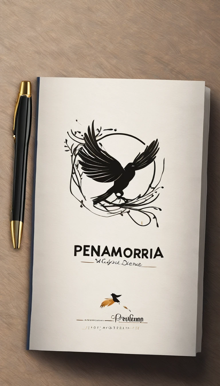 Create a modern, minimalistic, poetic logo design for a brand about stories, dreams and memories called " Penamemoria". The logo of a boy running with open arms, holding an acoustic guitar in the right hand and a bird feather in the left hand. Make the logo simple, high quality, high definition, Minimalistic logo design impressed on a book cover.