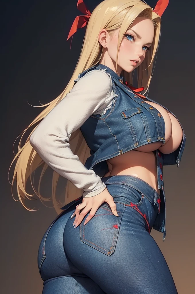 (masterpiece, best quality, cinematic, photorealistic, ultra-detailed), (1girl, Android 18), (wide shot, from behind:1.4), (wearing a blue denim vest and skirt, with the Red Ribbon logo on the back of the vest, with dark blue tights:1.5), (wearing a black shirt that has white and black striped long sleeves), (shoulder-length blonde hair:1.2), perfect hands, perfect face, (wide hips, long round legs, sexy legs, round ass), (large cleavage, massive natural tits), (dark brown eyes, soft and shimmery eyeshadows, detailed pupils, defined eyelashes), (blushing, slightly parted lips, nude lips:1.2), (gradient background:1.3), sexy pose