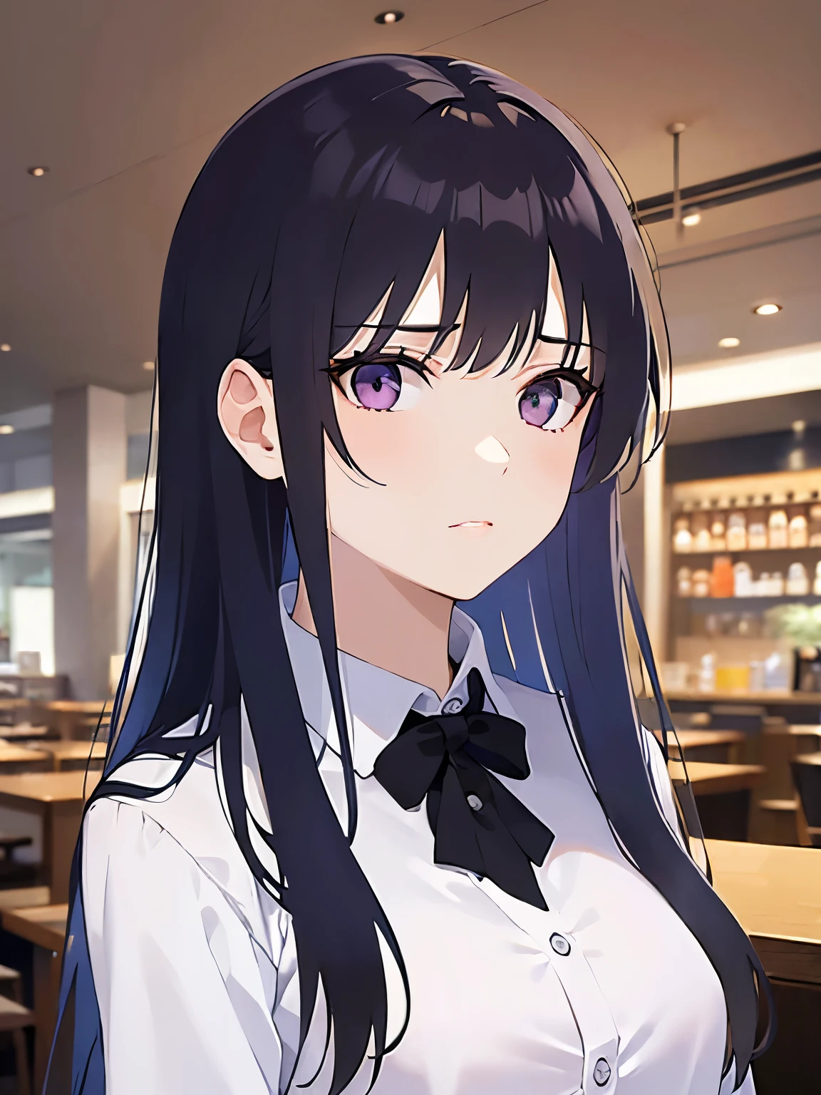 (looking away:1.5), Upper Body, Realistic, real person, (pale skin: 1.2), RAW photo, photorealistic, shiny skin, shiny hair、(A 25-year-old woman with straight hair and bangs) and (medium hair) and (black hair) and (purple eyes) , (white collared shirt)、annoyed, The background is the interior of a restaurant at night.、Alone、Are standing
