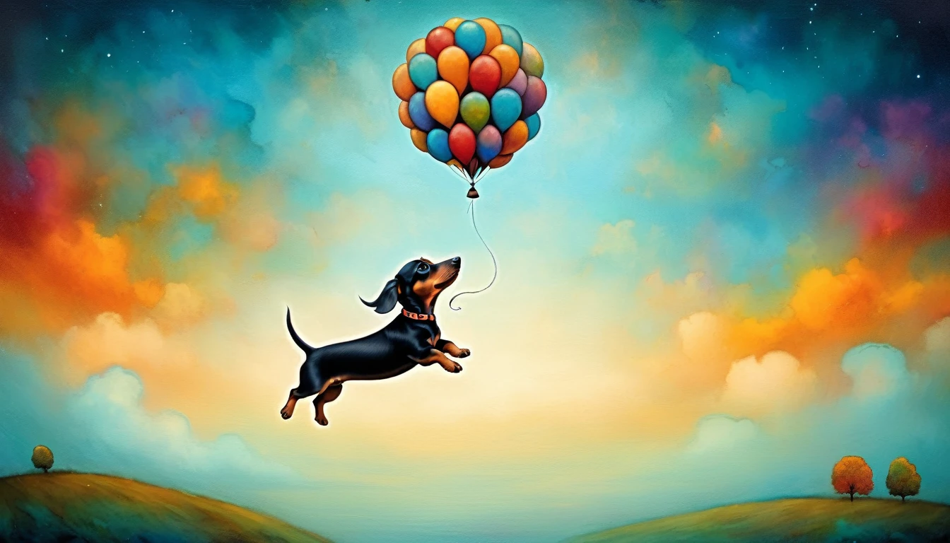 joy and fun: a dachshund puppy is flying in a balloon, (Andy Kehoe style), very colorful, ((palette of oil painting)), aesthetics, ((masterpiece)), extreme detail, expressionism, perspective, 8k