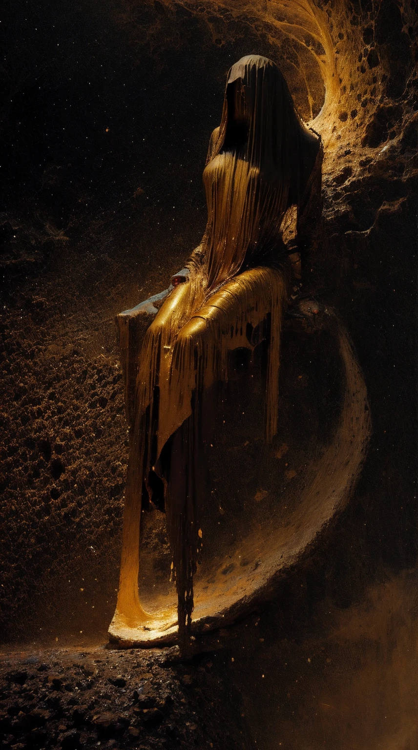 (body formed by galactic liquid mauevine and black metallic paint twisting into a beautiful interpretation of the female figure), au naturel,((complex galactic metallic colours in the foreground)), (( fluid mechanics, the loveliest smooth scale face makeup, smirky expression)) - red, black and gold, onyxia, metallic color palette g0s1