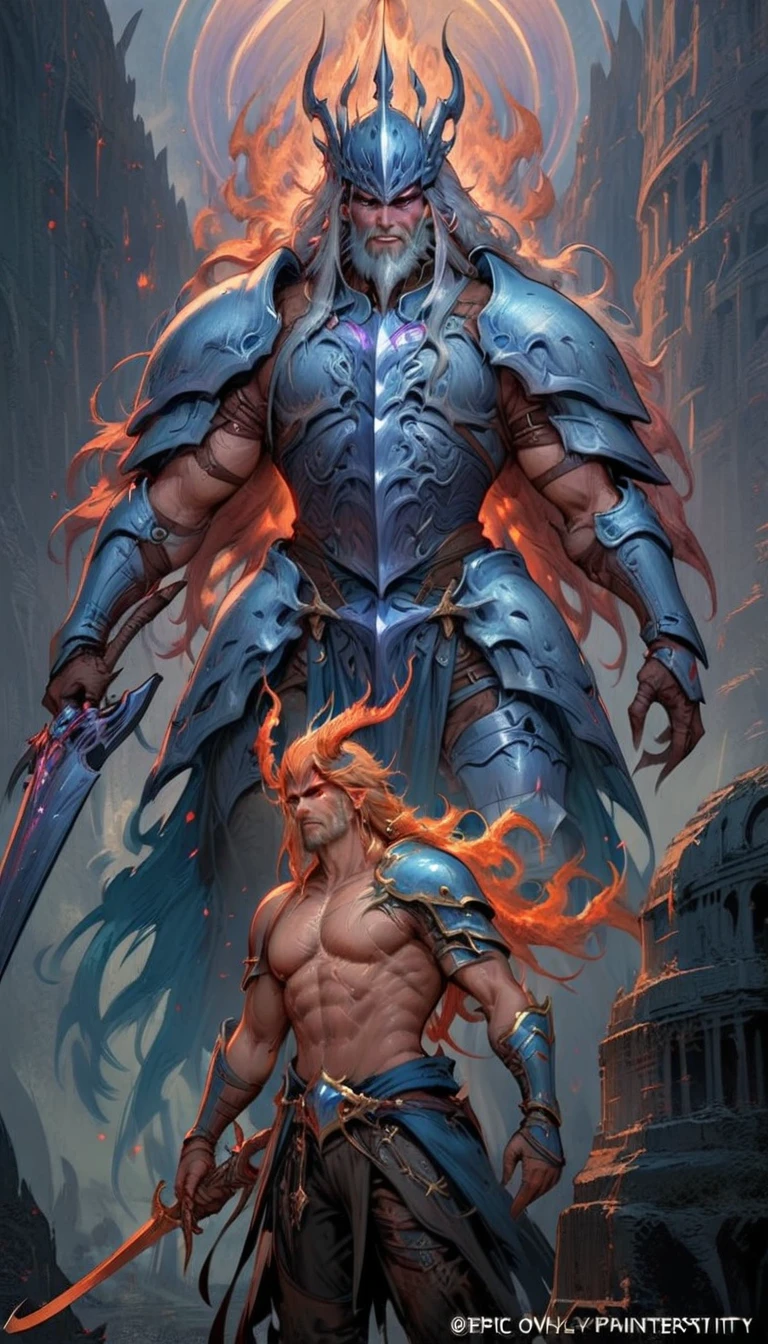 ((best quality)) , ((masterpiece)) , (detailed)，weapon, armor, holding, long hair, facial hair, glowing eyes, 1boy, male focus, holding weapon, glowing, sword, outdoors, helmet, braid, teeth, fire, shoulder armor, pants, grey hair, beard, bangs, holding sword, muscular male, white hair,(((ethereal fantasy concept art , Suffering . magnificent, celestial, ethereal, painterly, epic, majestic, magical, fantasy art, cover art, dreamy)))