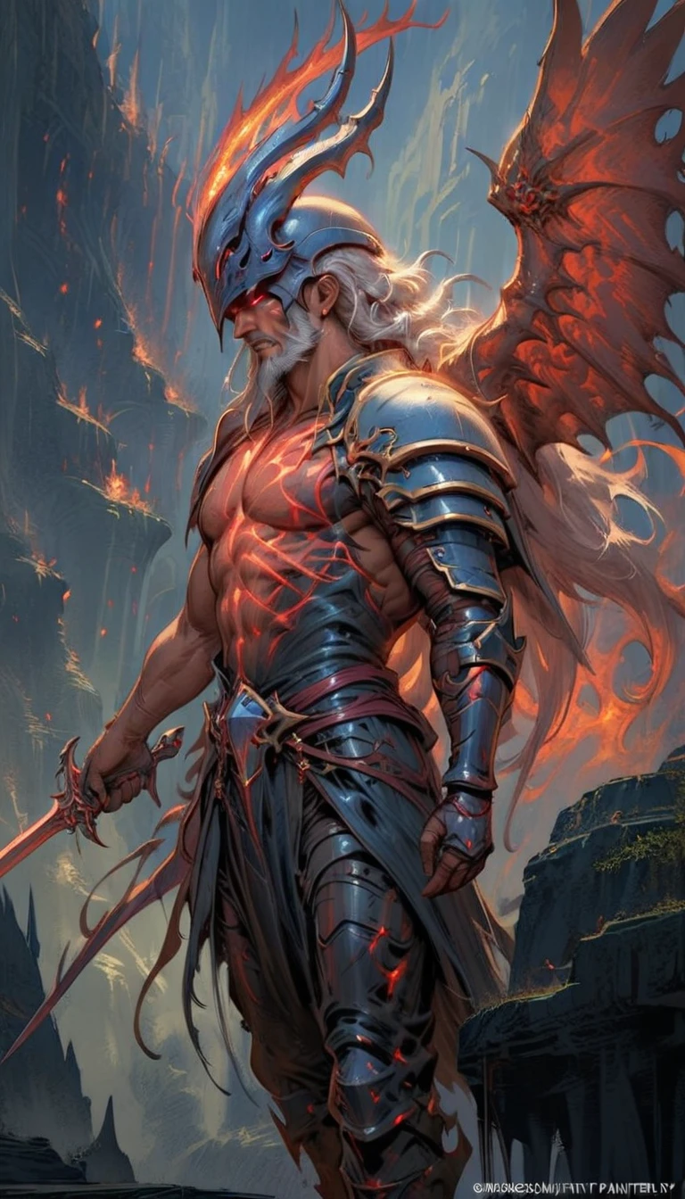 ((best quality)) , ((masterpiece)) , (detailed),weapon, armor, holding, long hair, facial hair, glowing eyes, 1boy, male focus, holding weapon, glowing, sword, outdoors, helmet, braid, teeth, fire, shoulder armor, pants, grey hair, beard, bangs, holding sword, muscular male, white hair,(((ethereal fantasy concept art , Suffering . magnificent, celestial, ethereal, painterly, epic, majestic, magical, fantasy art, cover art, dreamy)))