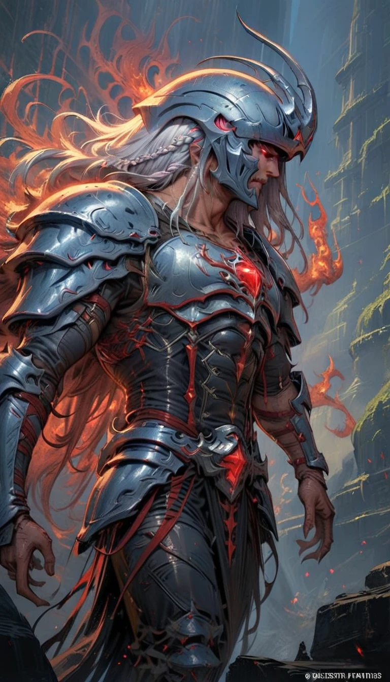 ((best quality)) , ((masterpiece)) , (detailed)，weapon, armor, holding, long hair, facial hair, glowing eyes, 1boy, male focus, holding weapon, glowing, sword, outdoors, helmet, braid, teeth, fire, shoulder armor, pants, grey hair, beard, bangs, holding sword, muscular male, white hair,(((ethereal fantasy concept art , Suffering . magnificent, celestial, ethereal, painterly, epic, majestic, magical, fantasy art, cover art, dreamy)))