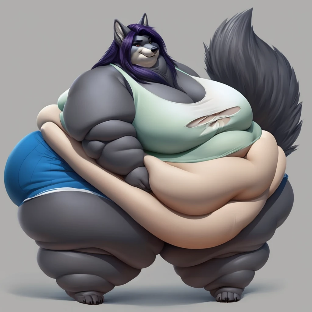 Grey wolf, female, long hair, massive breasts, massive hips, massive thighs, morbidly obese, fat arms, fat legs, belly rolls, fat rolls,fat neck, chubby cheeks, double chin,big fluffy tail , tank top, shorts 