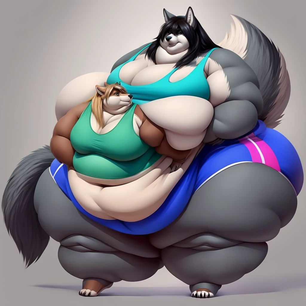 Grey wolf, female, long hair, massive breasts, massive hips, massive thighs, morbidly obese, fat arms, fat legs, belly rolls, fat rolls,fat neck, chubby cheeks, double chin,big fluffy tail , tank top, shorts