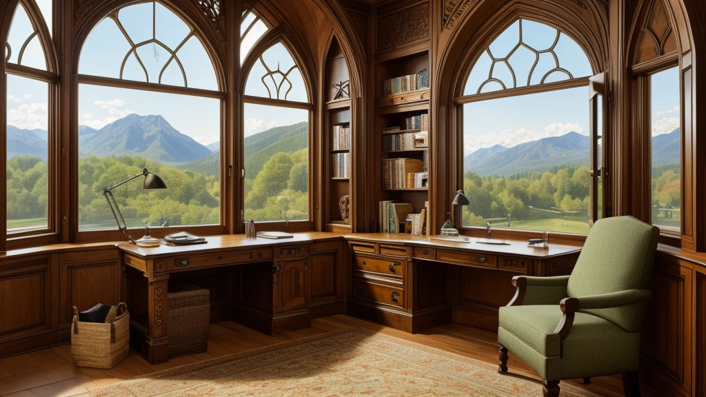Image is a digital artwork depicting a cozy, medieval-style study room with a large, intricate arched window that offers a breathtaking view of a mountainous landscape. The window is divided into multiple sections by ornate and detailed gothic-style wooden frames. The room is filled with warm, natural light, highlighting the lush greenery outside. Inside, there is a comfortable mossy green cushioned bench adorned with pillows, positioned directly in front of the window. There are various ivy-like plants scattered around the library bringing a sense of greenery inside as well as outside. To the left, there is a cluttered desk with stacks of books, papers, a lit vintage lamp and cozy low-back desk chair, while to the right, a small round table holds various stationary, a fountain pen, ink and an open book. The overall ambiance is serene and inviting, with a touch of fantasy. A few lit candles of different sizes are perched on the window frame, adding a sense of life to the scene. The image is rich in detail, with a harmonious blend of natural and man-made elements. Fantasy style 8k, high quality detailed art, ultrarealistic matte painting