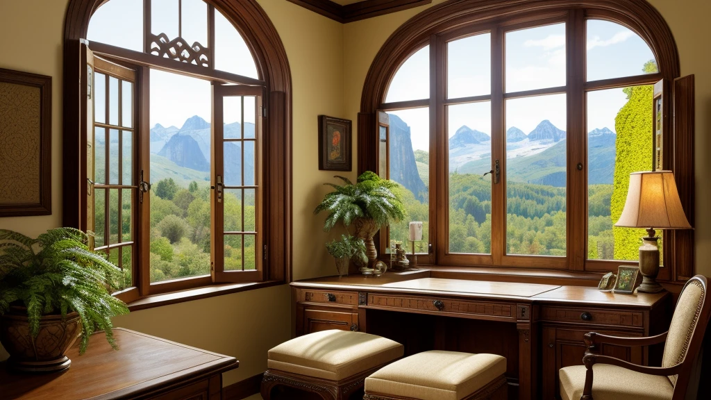 Image is a digital artwork depicting a cozy, medieval-style study room with a large, intricate arched window that offers a breathtaking view of a mountainous landscape. The window is divided into multiple sections by ornate and detailed gothic-style wooden frames. The room is filled with warm, natural light, highlighting the lush greenery outside. Inside, there is a comfortable mossy green cushioned bench adorned with pillows, positioned directly in front of the window. There are various ivy-like plants scattered around the library bringing a sense of greenery inside as well as outside. To the left, there is a cluttered desk with stacks of books, papers, a lit vintage lamp and cozy low-back desk chair, while to the right, a small round table holds various stationary, a fountain pen, ink and an open book. The overall ambiance is serene and inviting, with a touch of fantasy. A few lit candles of different sizes are perched on the window frame, adding a sense of life to the scene. The image is rich in detail, with a harmonious blend of natural and man-made elements. Fantasy style 8k, high quality detailed art, ultrarealistic matte painting